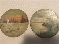 Pair of hand-painted plates, antique metal base,