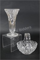 Crystal Frosted Vase & Pressed Glass Basket