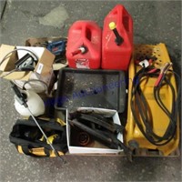 gas cans, car ramps, jumper cables