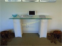 Glass display table faux marble base