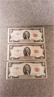 3 1953 red seal 2 dollar Bill's