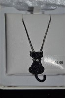 Sterling Crystal Cat Pendant Necklace 1"