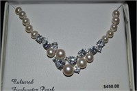 Sterling Silver Cultured Pearl  Crystal Necklace