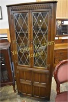 Leaded Glass Panel Front Oak Corner Cabinet