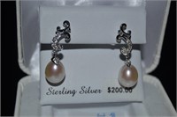 Sterling Pearl Drop Earrings w/ diamond accents