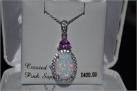 Sterling LC Pink Sapphire/Opal Pendant Necklace 1"