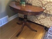 Two Walnut half moon and tables. One with drawer.