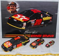 #28 DIECAST CAR BANK WITH 2 SMALLER CARS & SIGN