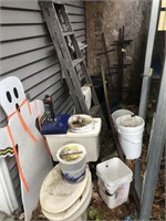Misc Lot - Wooden Ladder, Pails, Ghost, Toilet