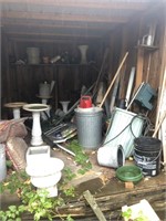 Contents of Shed - Milk Can, Birdbath, Garbage Can