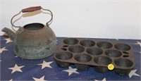 Vintage Copper Teapot & Cast Iron Muffin Pan