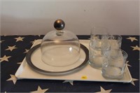 Glass Cheese Dome & Plate & Glass Tumblers