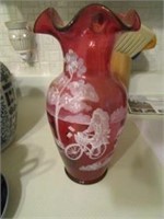 Fenton red, painted vase
