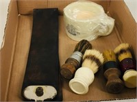 shaving soap, 4 brushes, leather strop