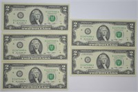 Group of 5 GEM UNC $2 Bills Serial Number sequence