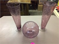 3 PIECE PURPLE CRACKLE GLASS VASES