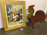 NICE FARMYARD PICTURE AND WOOD ROOSTER CUTOUT