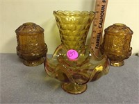 4 PIECES - AMBER FAIRY LAMPS, VASE AND CANDY STAND