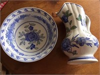 BLUE AND WHITE PITCHER & BOWL