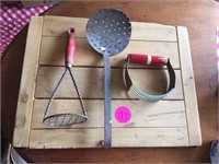 Old Cutting Board With 3 Vintage Kitchen Toos