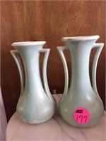 PAIR OF LIGHT GREEN MARKED USA POTTERY VASES