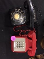 2 Vintage Telephones. Black Rotary Phone and Red e