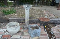 Garden urns, sun dial on pedestal, & iron stand
