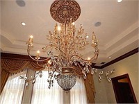 12-light chandelier with wrought iron & crystals.