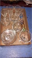 Flat of cornflower etched glasses and glassware