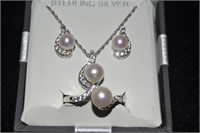 Sterling Pearl Set Ring Necklace and Earrings