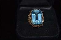 10K marked Large Blue Topaz  Emerald Cut Ring