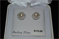 Sterling Silver Pearl Stud Earrings w/ Diamond