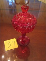 LIDDED GLASS COMPOTE RED MOON & STAR PATTERN