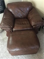 Overstuffed Leather Easy Chair, Ottoman