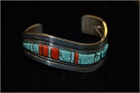 Sterling Inlay Cuff Bracelet with Coral/Turquoise