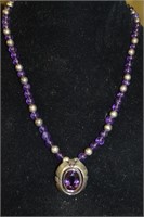 Amethyst/Sterling Beaded Necklace w/ Large Pendant