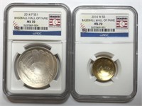 2014 Baseball $1 Silver & $5 Gold NGC MS70 Pair