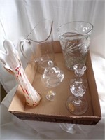 VASE, GLASS PITCHERS, CRYSTAL CANDLE HOLDERS