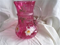 HAND PAINTED PINK GLASS PITCHER