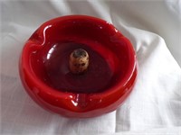 RED GLASS ASHTRAY W/CORK MIDDLE