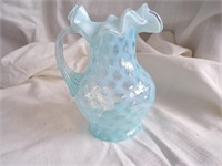 SMALL PALE BLUE PITCHER, RUFFLED, COIN SPOTS