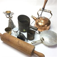 VINTAGE SIFTERS/ROLLING PIN/COPPER TEAPOT WITH
