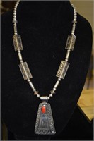 Rew Dineh Heavy Pendant Necklace Sterling Coral