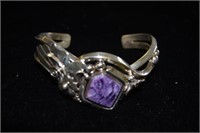 Charoite and Sterling Cuff Bracelet Flower Motif