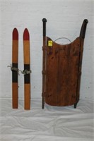 2pc Antique Sled & Child Skis