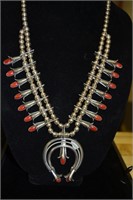 Coral and Sterling Squash Blossom Necklace 24"