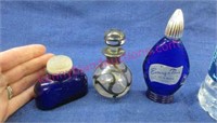 3 small perfume bottles (2 blue-1 silver overlay)