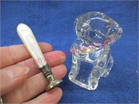 old mother of pearl wax seal & glass dog figurine
