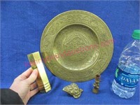 brass plate & 3 other brass pieces
