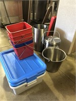 Lot with buckets, tubs and stainless pots
